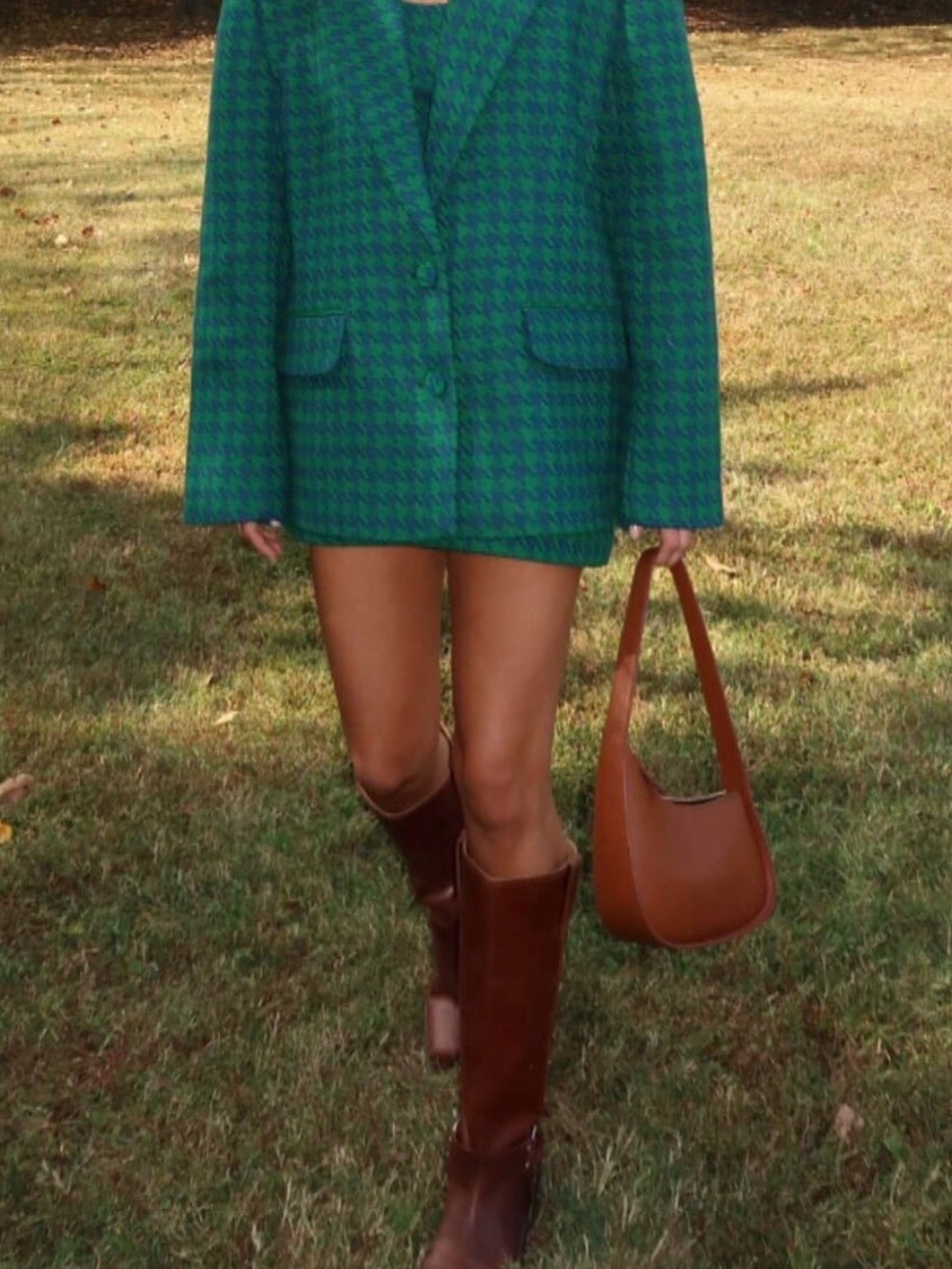 Lovers + Friends Green and Navy Houndstooth Blazer